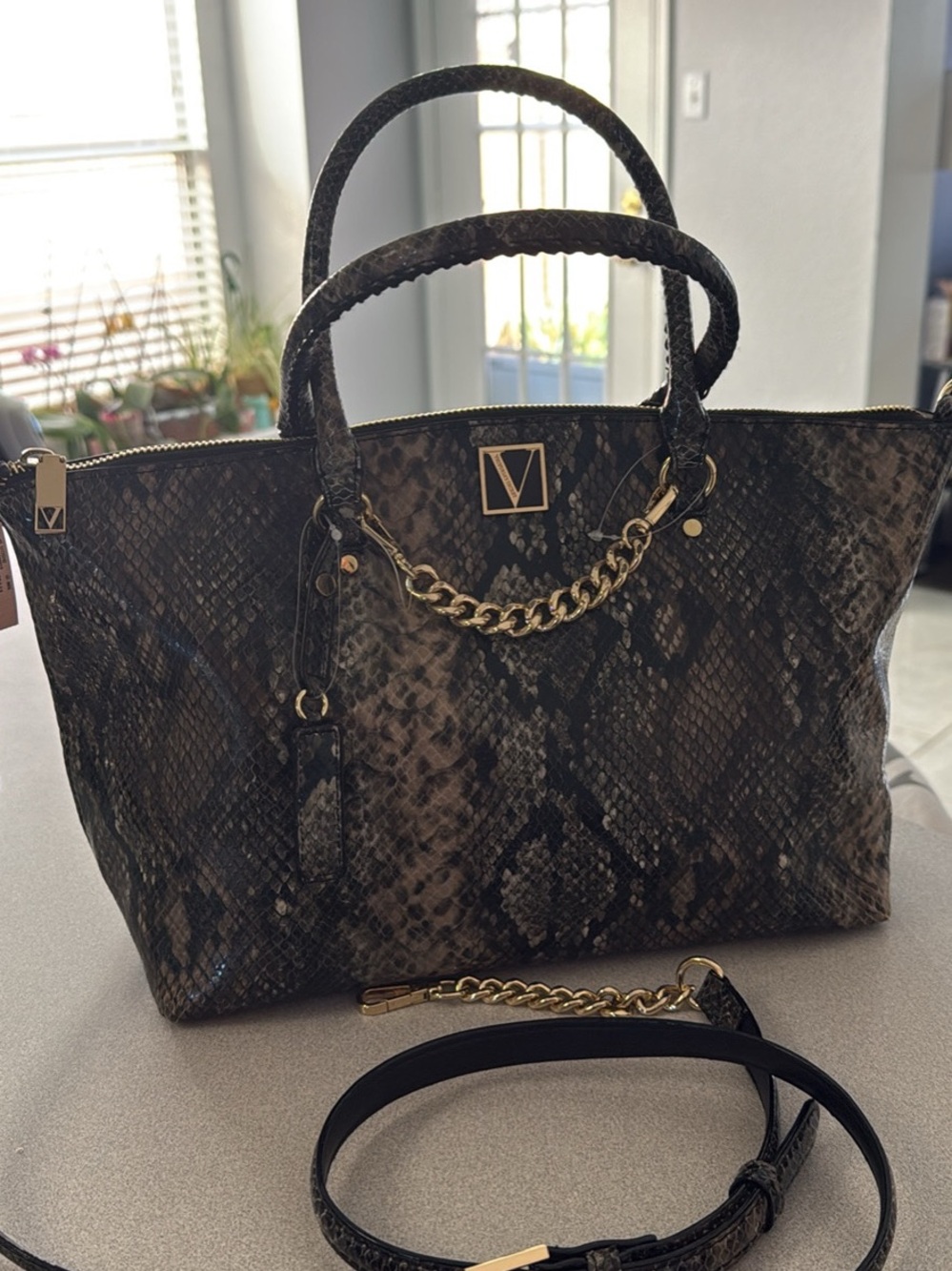 Victoria's Secret Snake-Embossed Satchel - Black/Brown